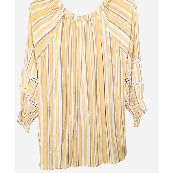 COMO BLACK WOMEN LONG SLV BUTTON V-NECK BLOUSE, WOMANS, 3X, YELLOW TAN STRIPES - Picture 4 of 11